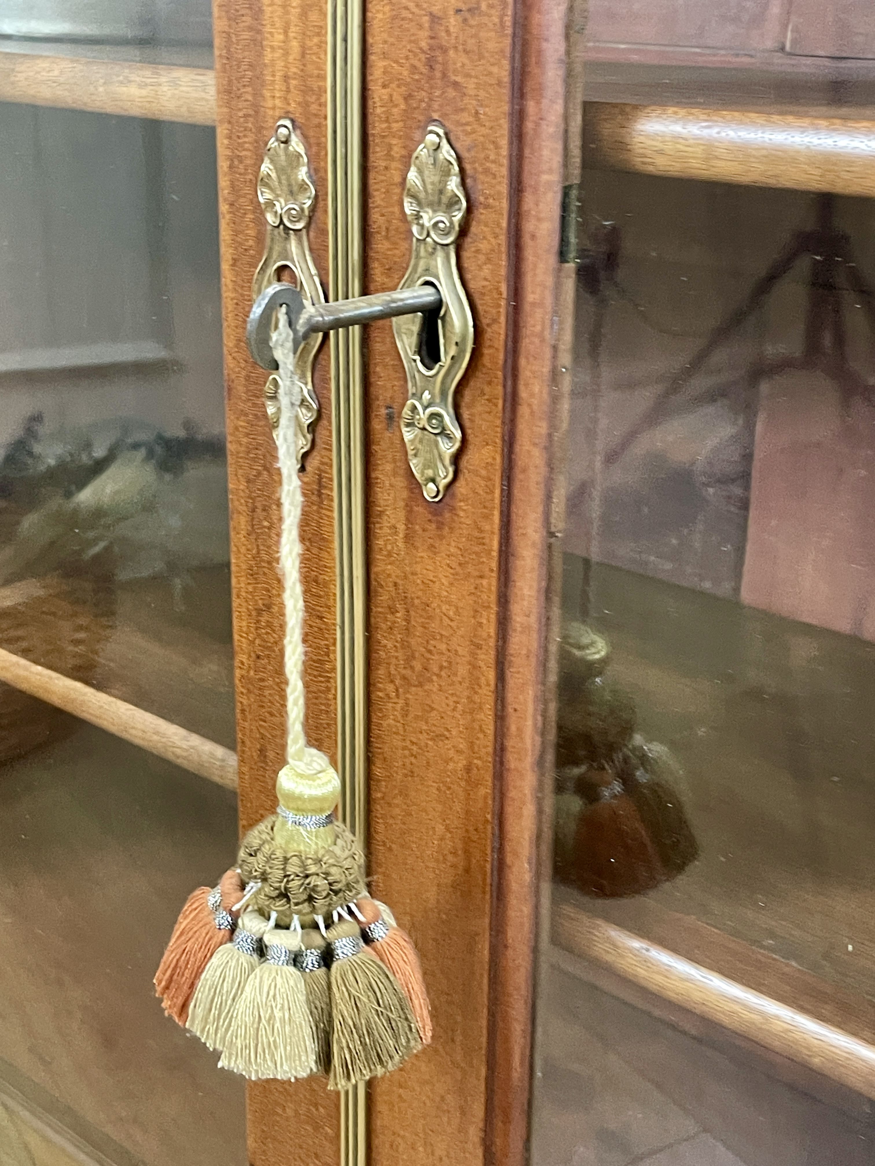 Decorative tassel on a wooden cabinet door with glass panels