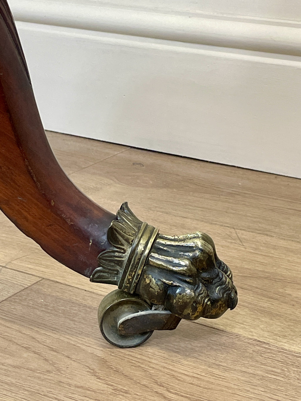 Large antique Chippendale style cheval mirror with tilting oval plate and brass lion feet, perfect statement mirror for Georgian cottage interior