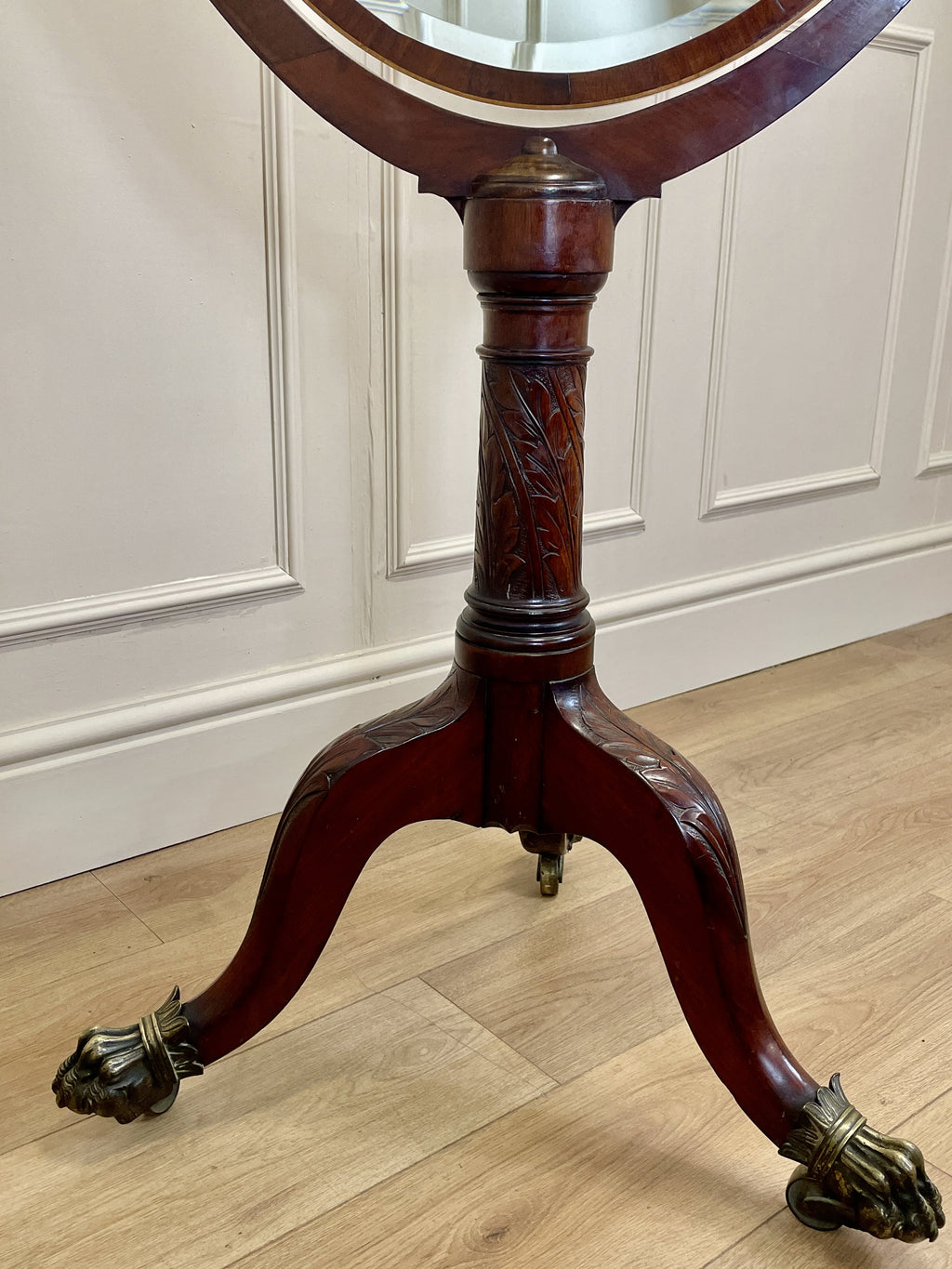 Large antique Chippendale style cheval mirror with tilting oval plate and brass lion feet, perfect statement mirror for Georgian cottage interior