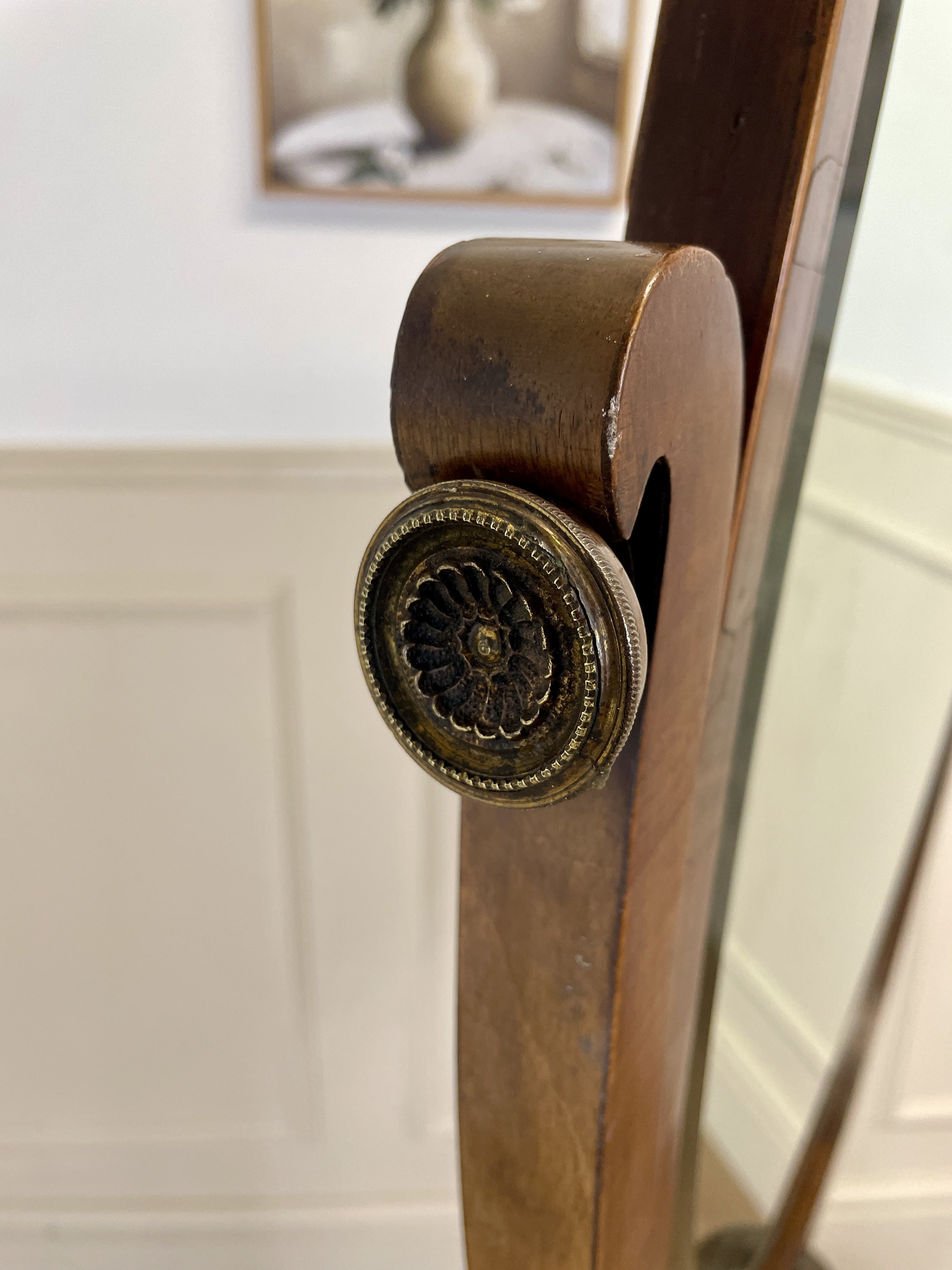 Large antique Chippendale style cheval mirror with tilting oval plate and brass lion feet, perfect statement mirror for Georgian cottage interior