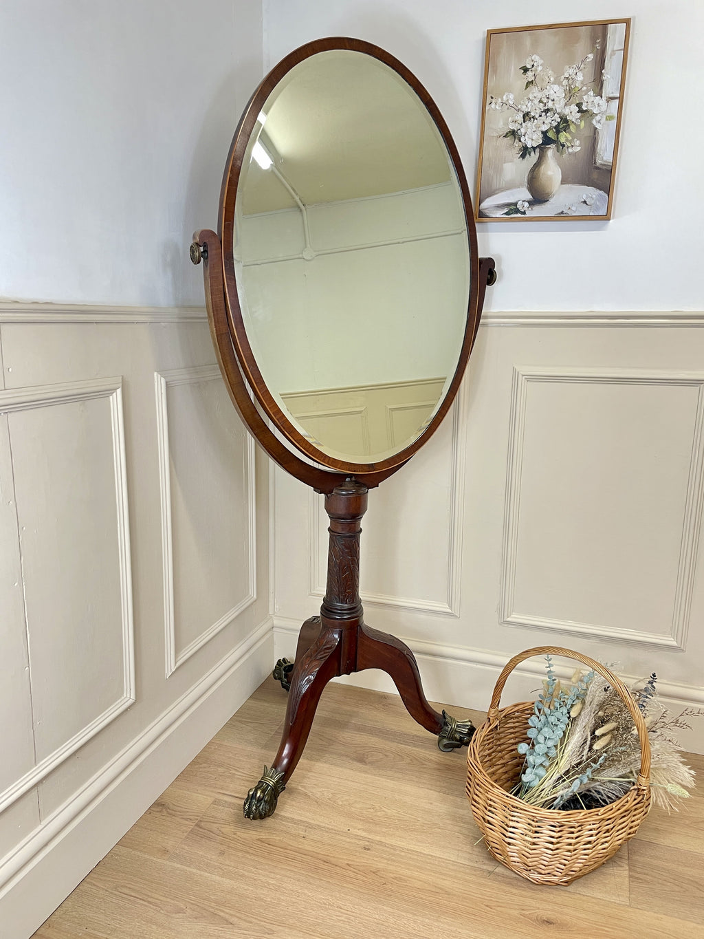 Large antique Chippendale style cheval mirror with tilting oval plate and brass lion feet, perfect statement mirror for Georgian cottage interior