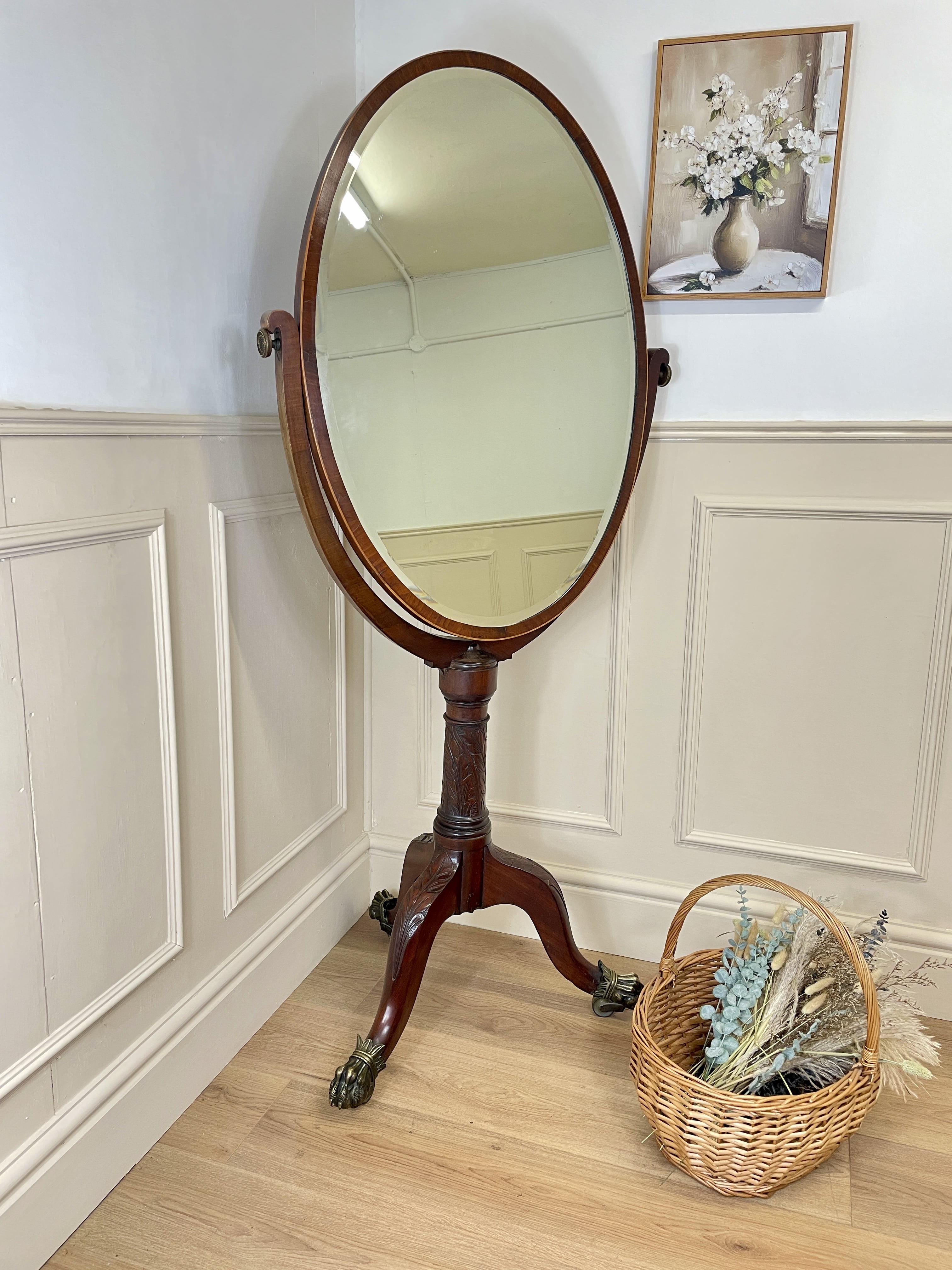 Large antique Chippendale style cheval mirror with tilting oval plate and brass lion feet, perfect statement mirror for Georgian cottage interior