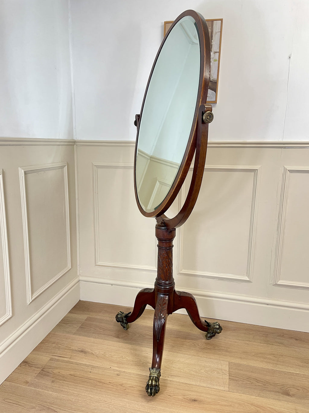 Large antique Chippendale style cheval mirror with tilting oval plate and brass lion feet, perfect statement mirror for Georgian cottage interior