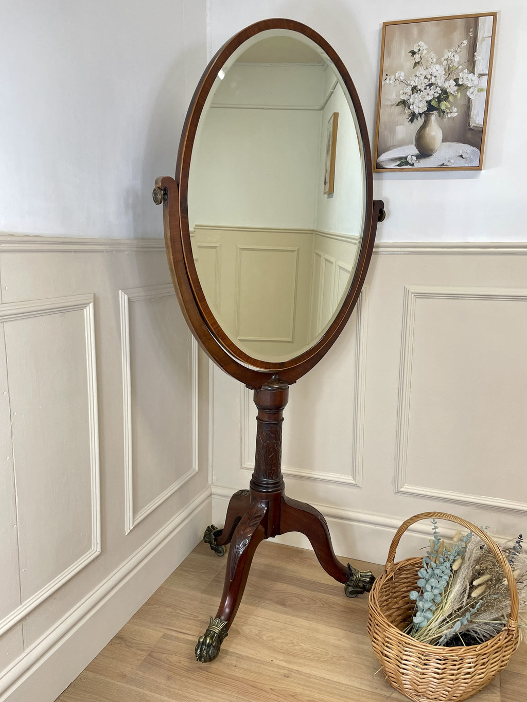 Large antique Chippendale style cheval mirror with tilting oval plate and brass lion feet, perfect statement mirror for Georgian cottage interior