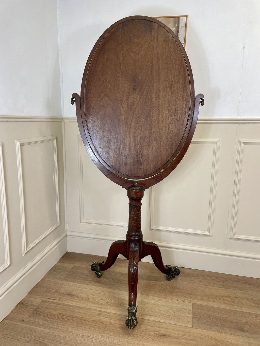 Large antique Chippendale style cheval mirror with tilting oval plate and brass lion feet, perfect statement mirror for Georgian cottage interior