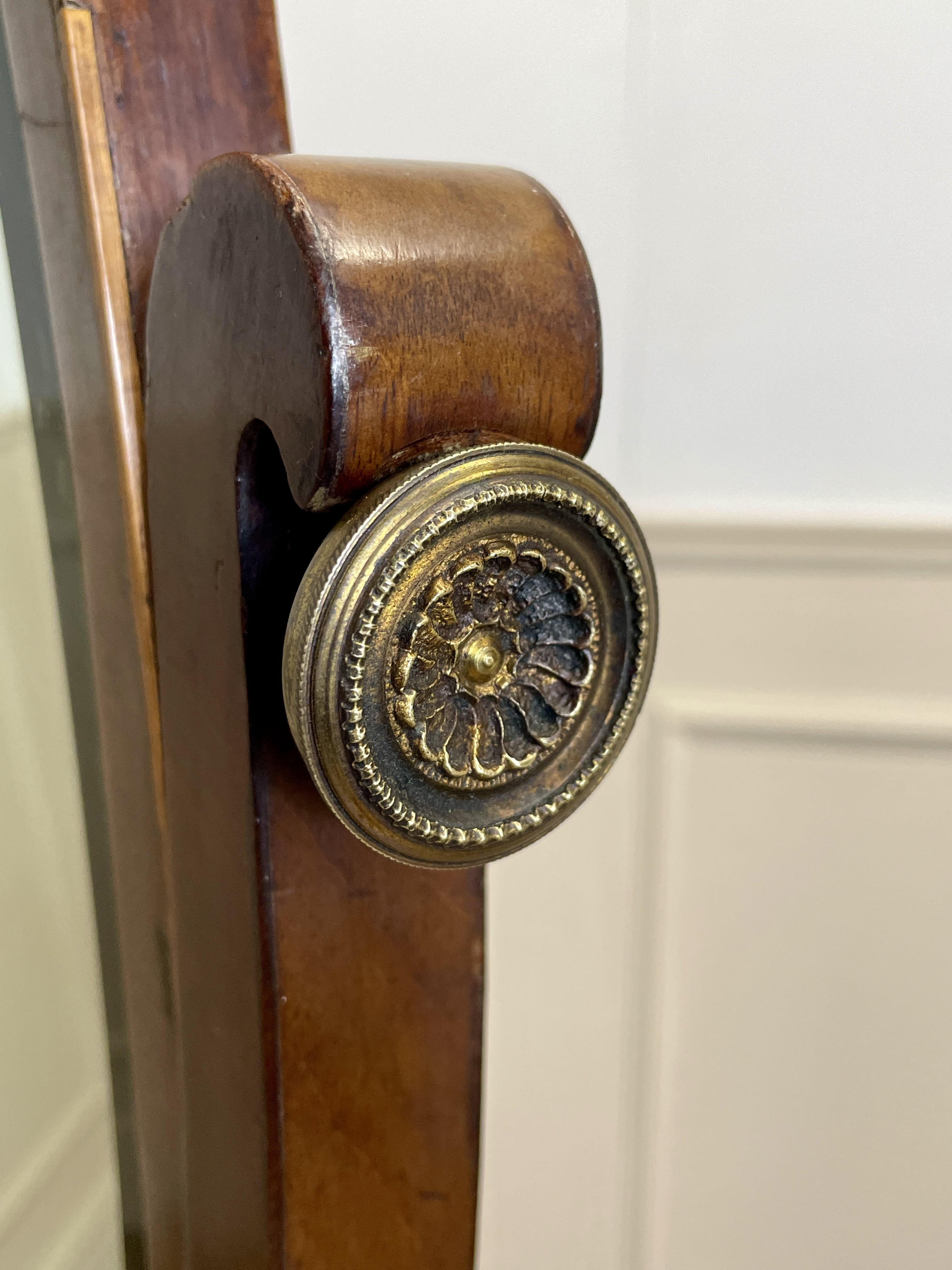 Large antique Chippendale style cheval mirror with tilting oval plate and brass lion feet, perfect statement mirror for Georgian cottage interior