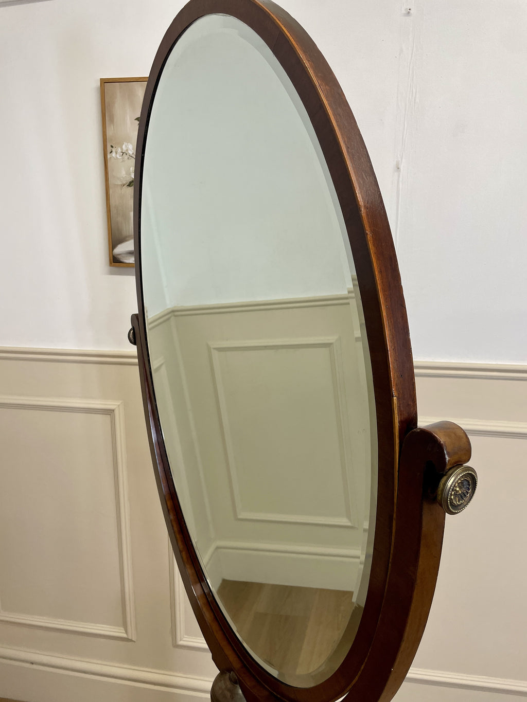 Large antique Chippendale style cheval mirror with tilting oval plate and brass lion feet, perfect statement mirror for Georgian cottage interior