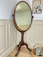 Large antique Chippendale style cheval mirror with tilting oval plate and brass lion feet, perfect statement mirror for Georgian cottage interior