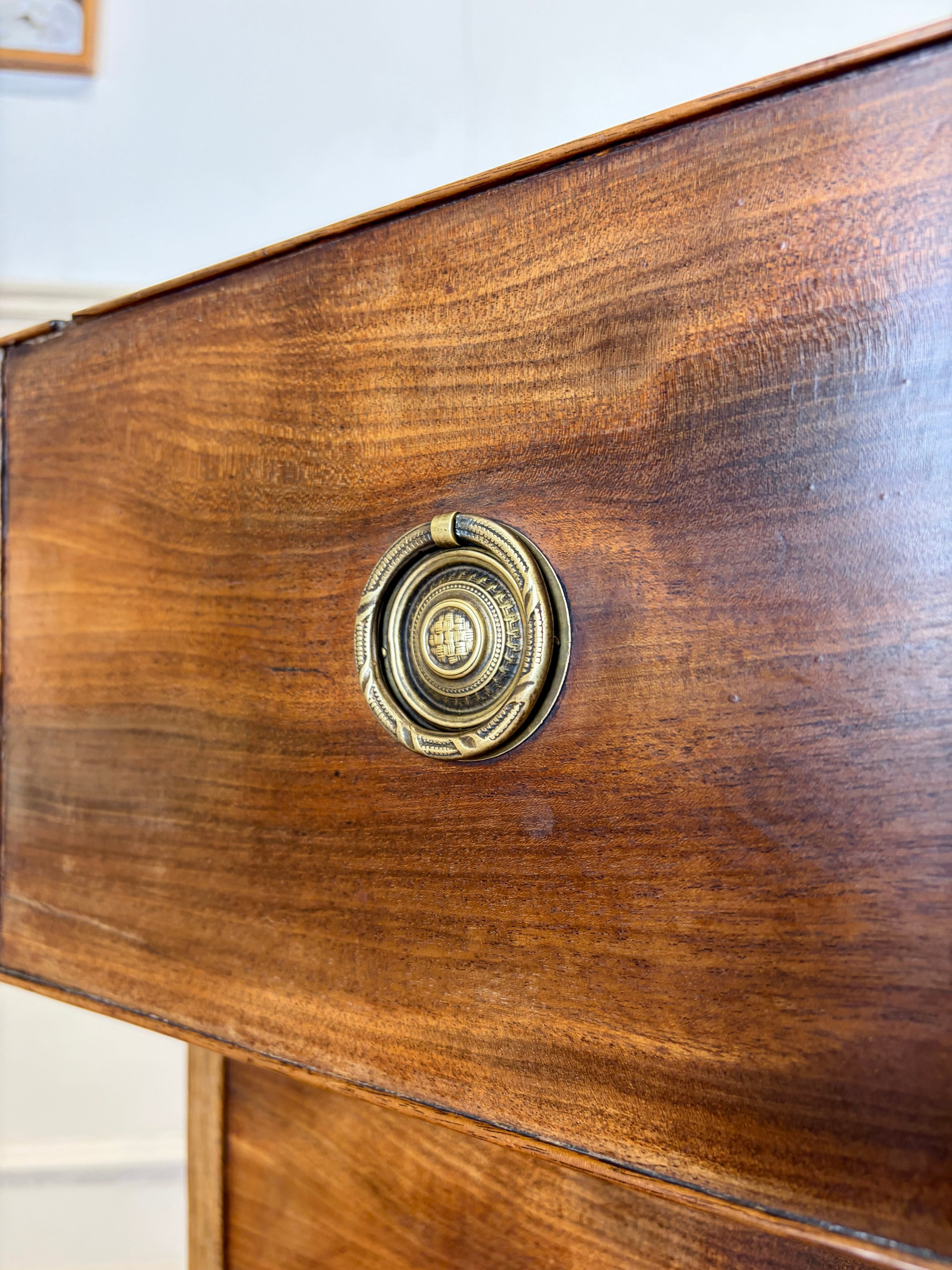 Antique small Georgian mahogany chest of drawers with three drawers and brass fittings