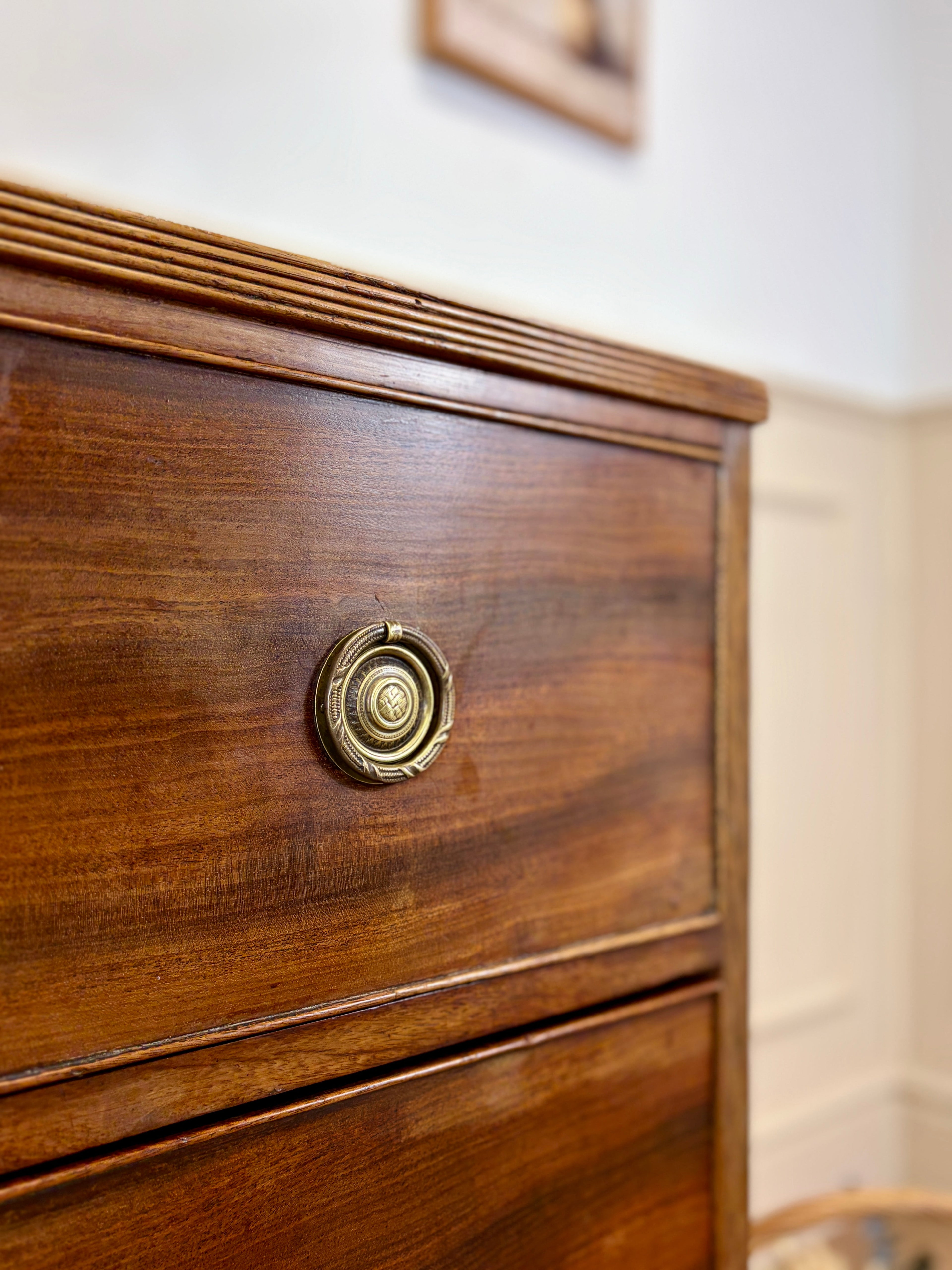 Antique small Georgian mahogany chest of drawers with three drawers and brass fittings