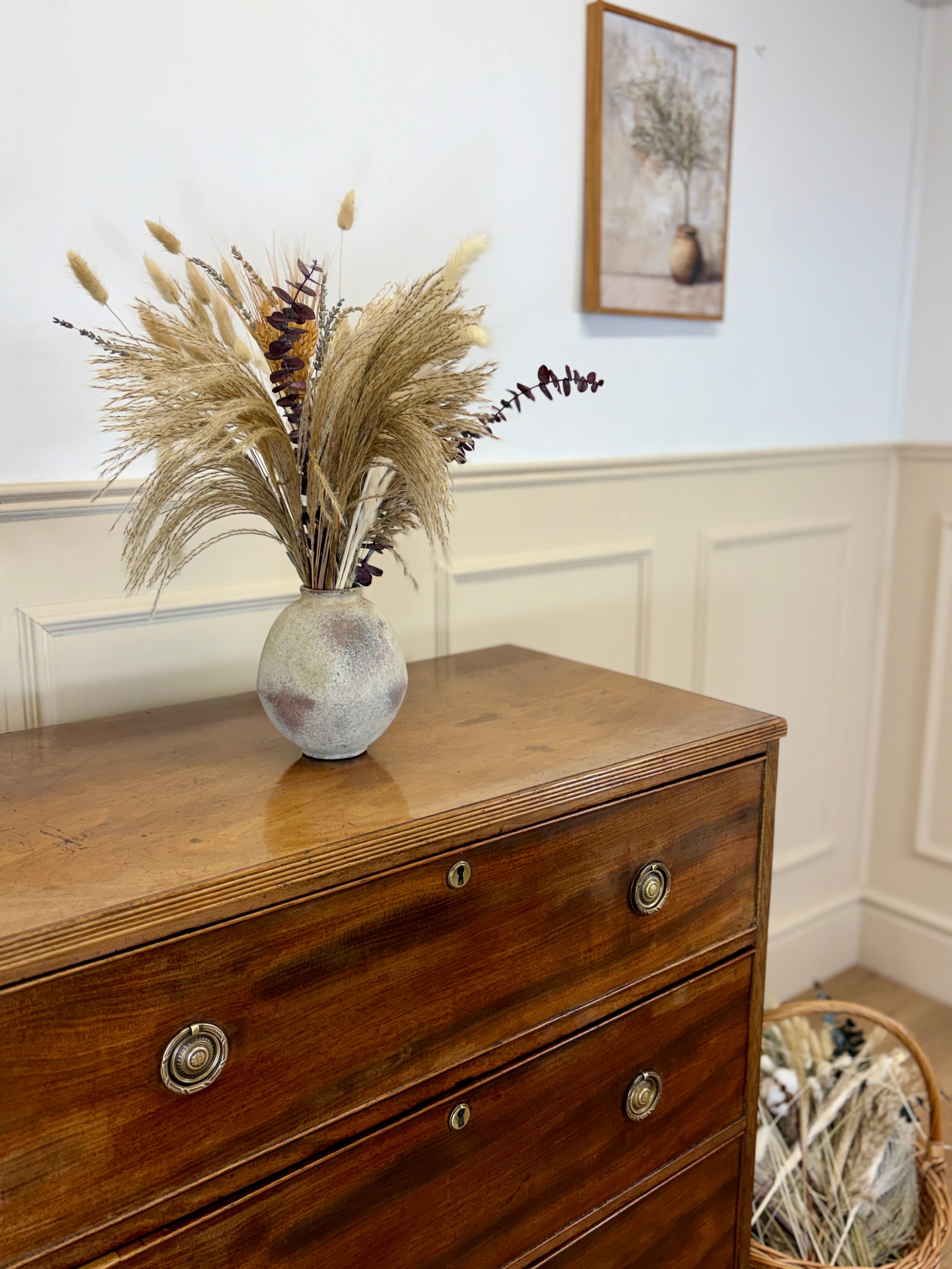 Antique small Georgian mahogany chest of drawers with three drawers and brass fittings