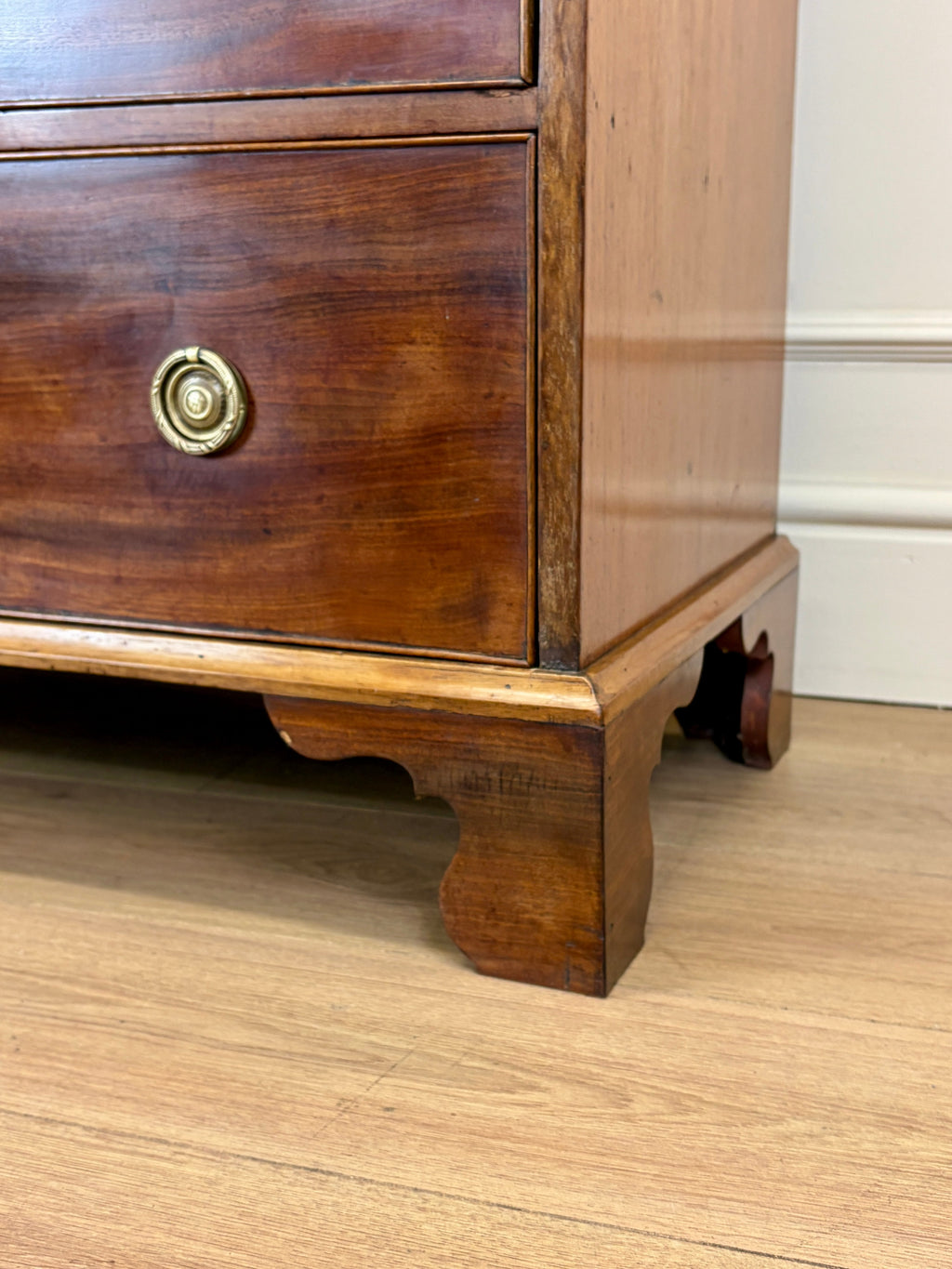 Antique small Georgian mahogany chest of drawers with three drawers and brass fittings