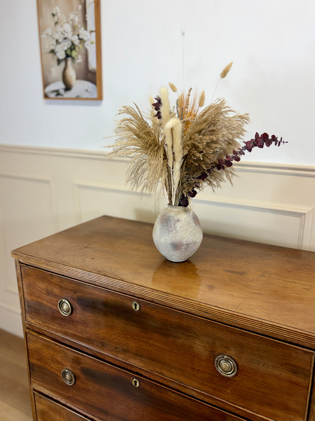 Antique small Georgian mahogany chest of drawers with three drawers and brass fittings