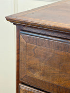 Close-up of a wooden desk with a focus on the corner and top.