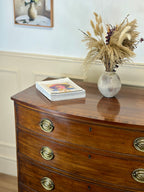 Wooden dresser with a vase of dried plants and a stack of books on top.