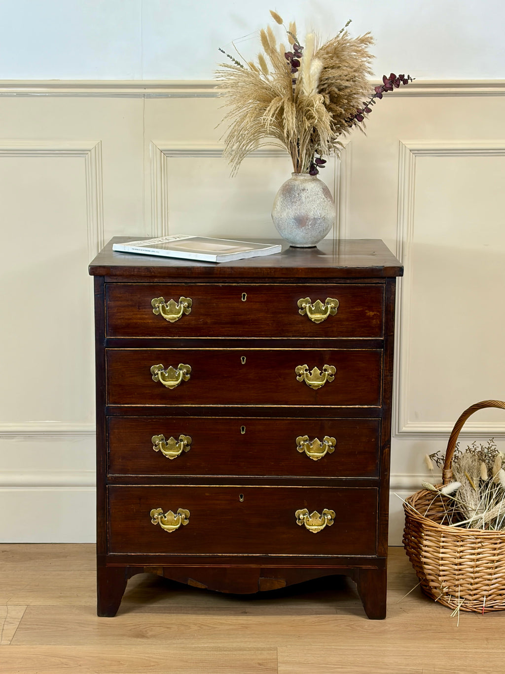Antique Georgian mahogany small chest of drawers with four drawers and brass plated handles