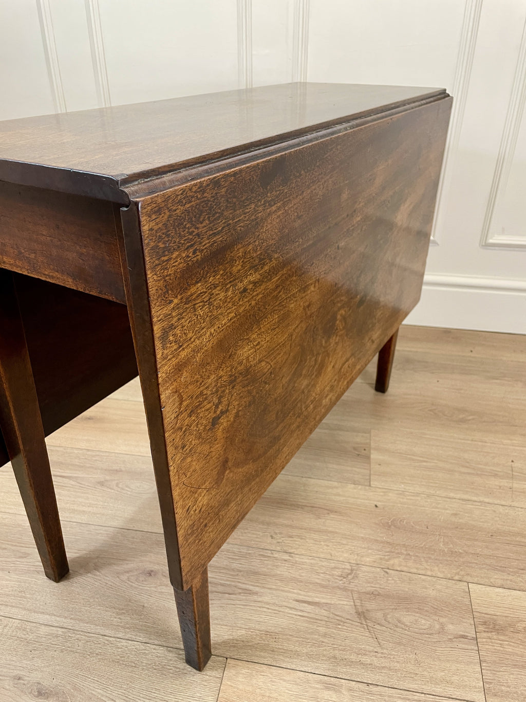 Antique Georgian Mahogany Square Kitchen Table with drop leaves, tapered legs, and rich mahogany finish, ideal for small cottage or farmhouse interiors.