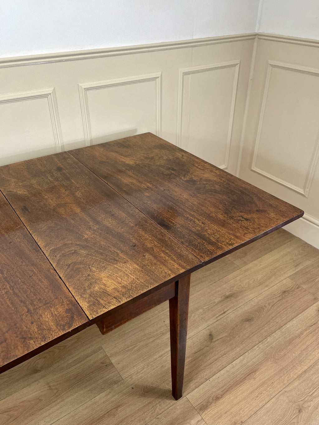 Antique Georgian Mahogany Square Kitchen Table with drop leaves, tapered legs, and rich mahogany finish, ideal for small cottage or farmhouse interiors.
