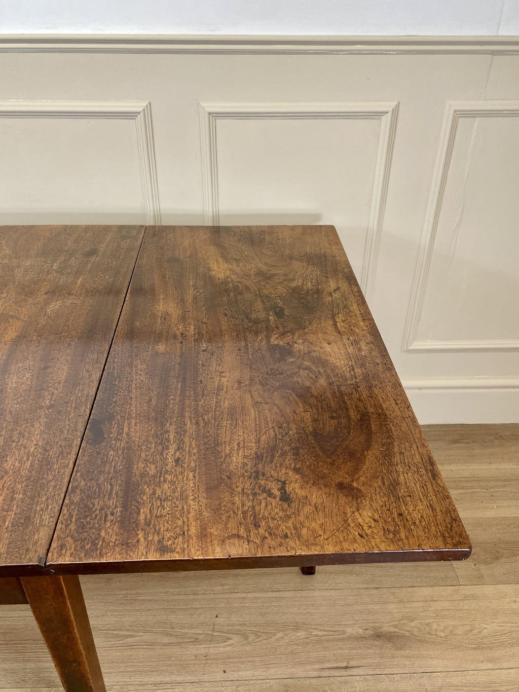 Antique Georgian Mahogany Square Kitchen Table with drop leaves, tapered legs, and rich mahogany finish, ideal for small cottage or farmhouse interiors.