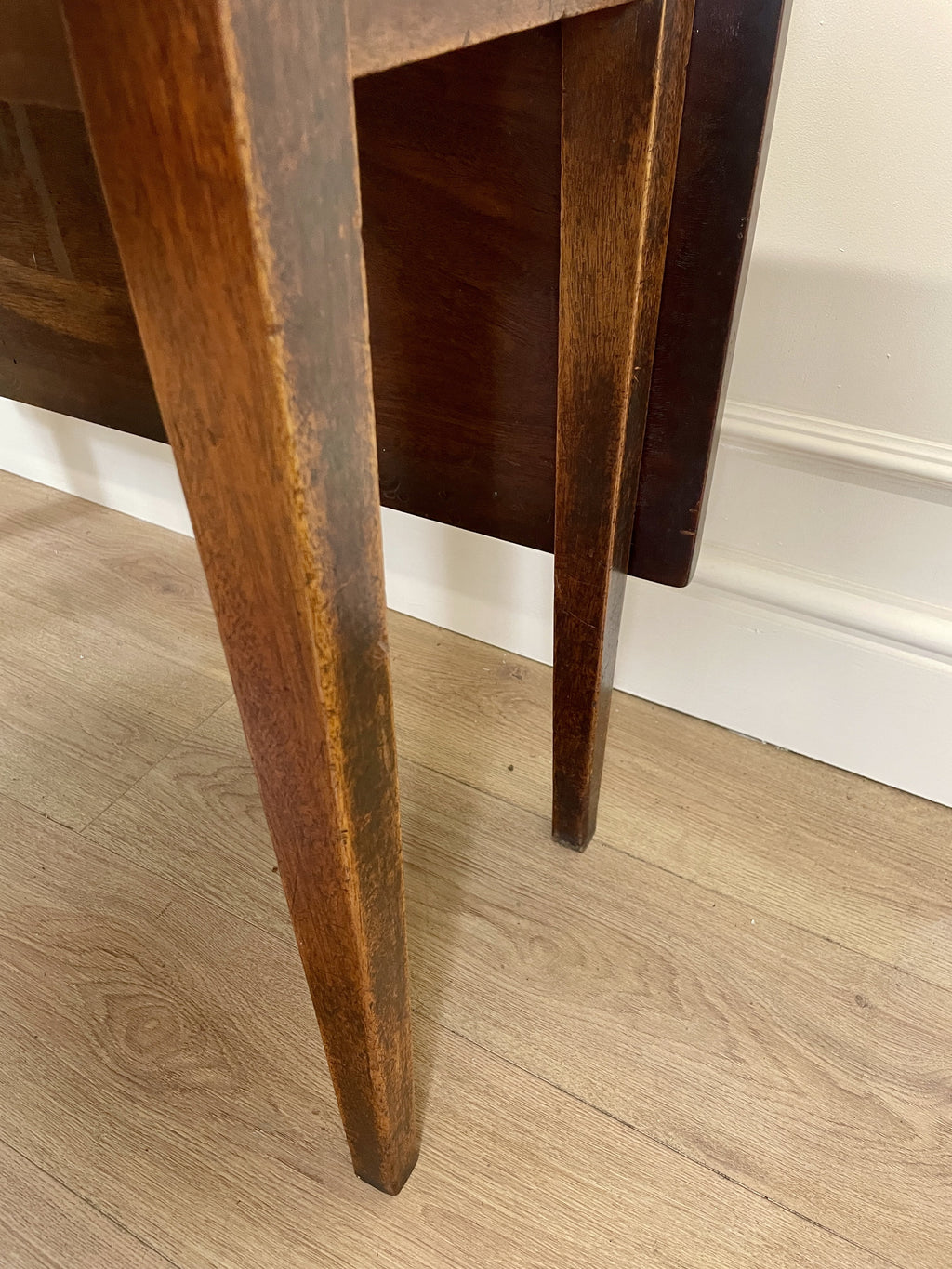 Antique Georgian Mahogany Square Kitchen Table with drop leaves, tapered legs, and rich mahogany finish, ideal for small cottage or farmhouse interiors.