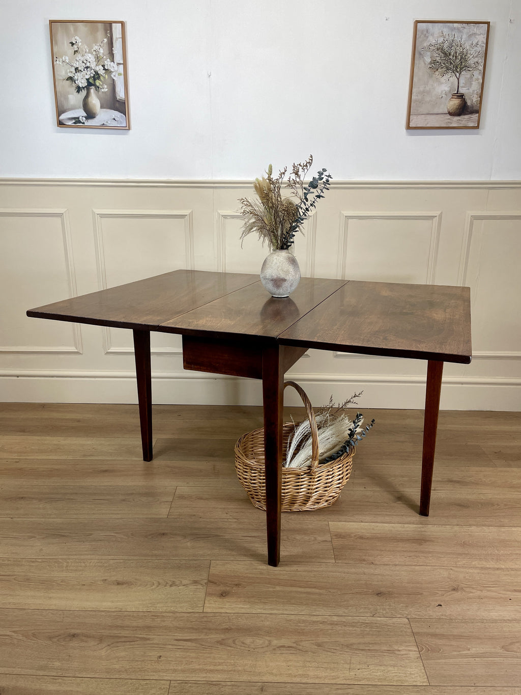 Antique Georgian Mahogany Square Kitchen Table with drop leaves, tapered legs, and rich mahogany finish, ideal for small cottage or farmhouse interiors.
