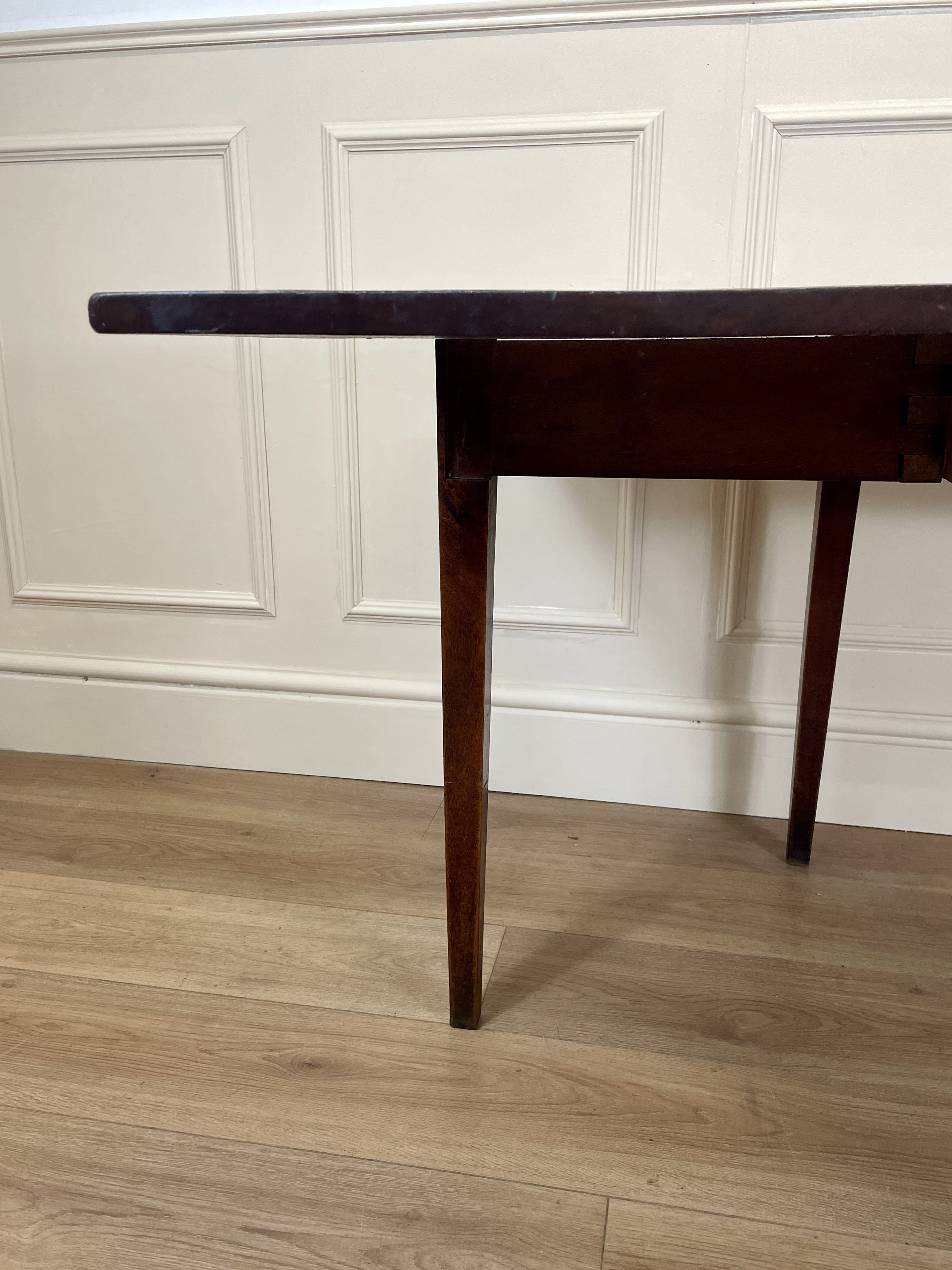 Antique Georgian Mahogany Square Kitchen Table with drop leaves, tapered legs, and rich mahogany finish, ideal for small cottage or farmhouse interiors.