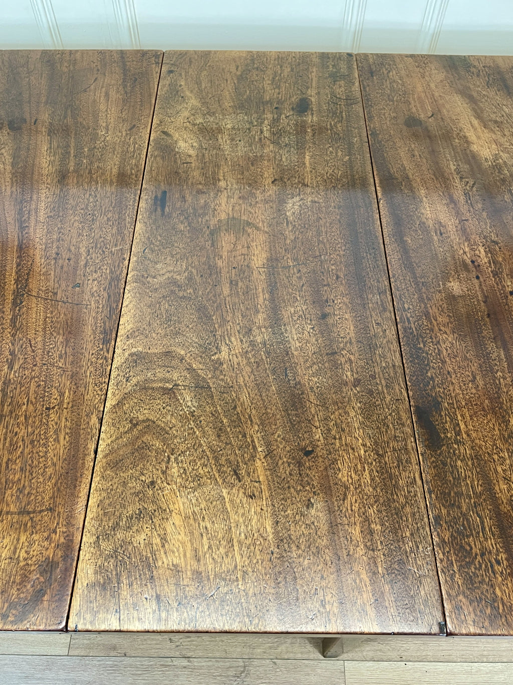 Antique Georgian Mahogany Square Kitchen Table with drop leaves, tapered legs, and rich mahogany finish, ideal for small cottage or farmhouse interiors.