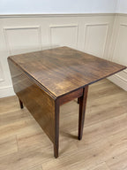 Antique Georgian Mahogany Square Kitchen Table with drop leaves, tapered legs, and rich mahogany finish, ideal for small cottage or farmhouse interiors.