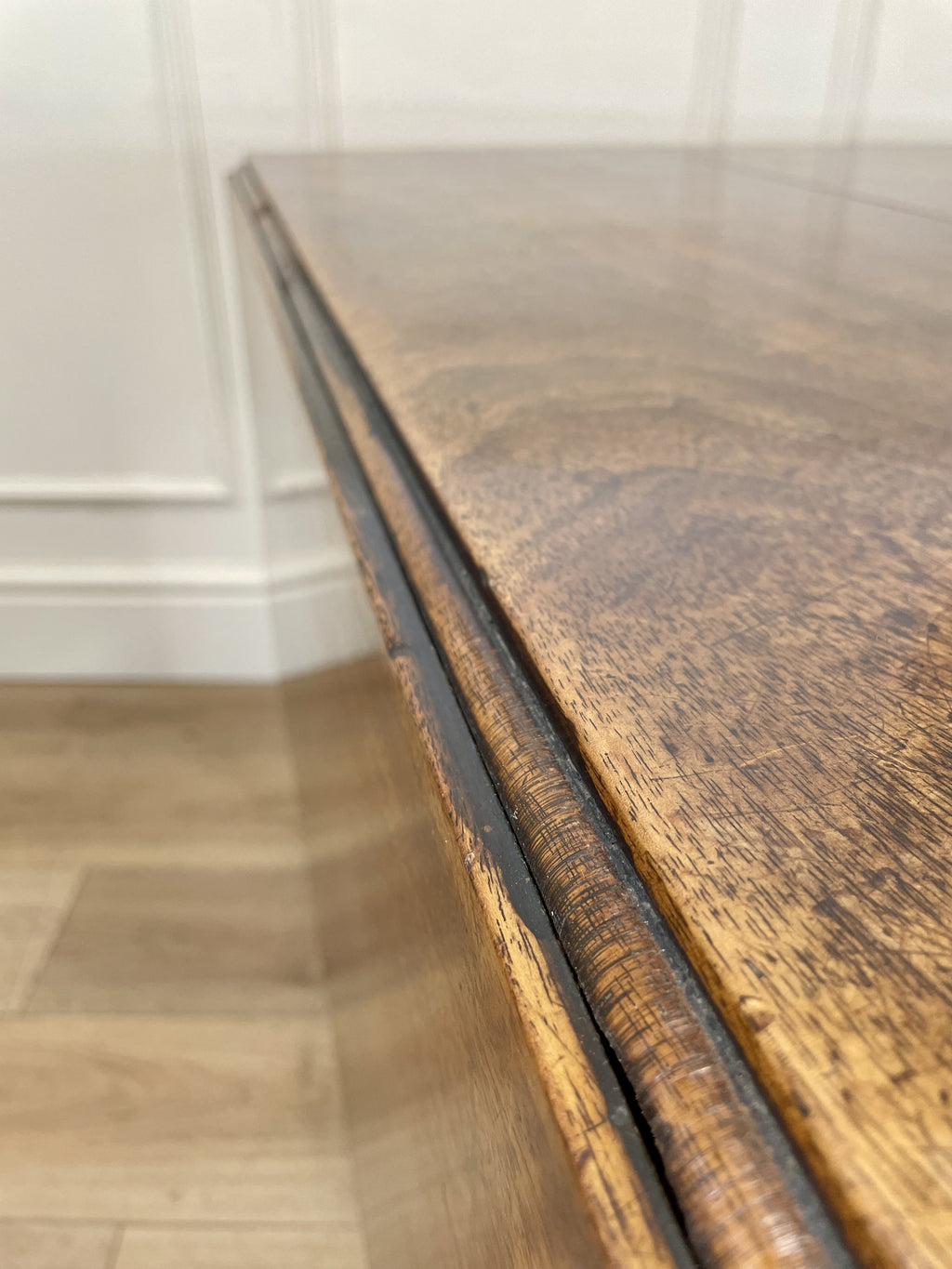 Antique Georgian Mahogany Square Kitchen Table with drop leaves, tapered legs, and rich mahogany finish, ideal for small cottage or farmhouse interiors.