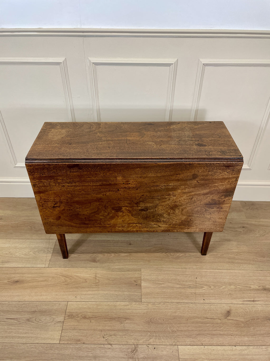 Antique Georgian Mahogany Square Kitchen Table with drop leaves, tapered legs, and rich mahogany finish, ideal for small cottage or farmhouse interiors.