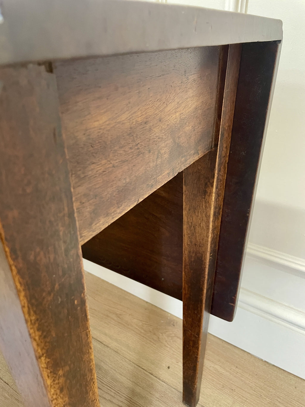 Antique Georgian Mahogany Square Kitchen Table with drop leaves, tapered legs, and rich mahogany finish, ideal for small cottage or farmhouse interiors.