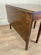 Antique Georgian Mahogany Square Kitchen Table with drop leaves, tapered legs, and rich mahogany finish, ideal for small cottage or farmhouse interiors.