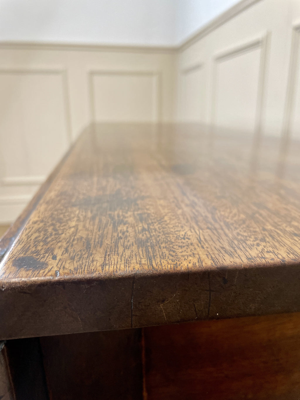 Antique Georgian Mahogany Square Kitchen Table with drop leaves, tapered legs, and rich mahogany finish, ideal for small cottage or farmhouse interiors.