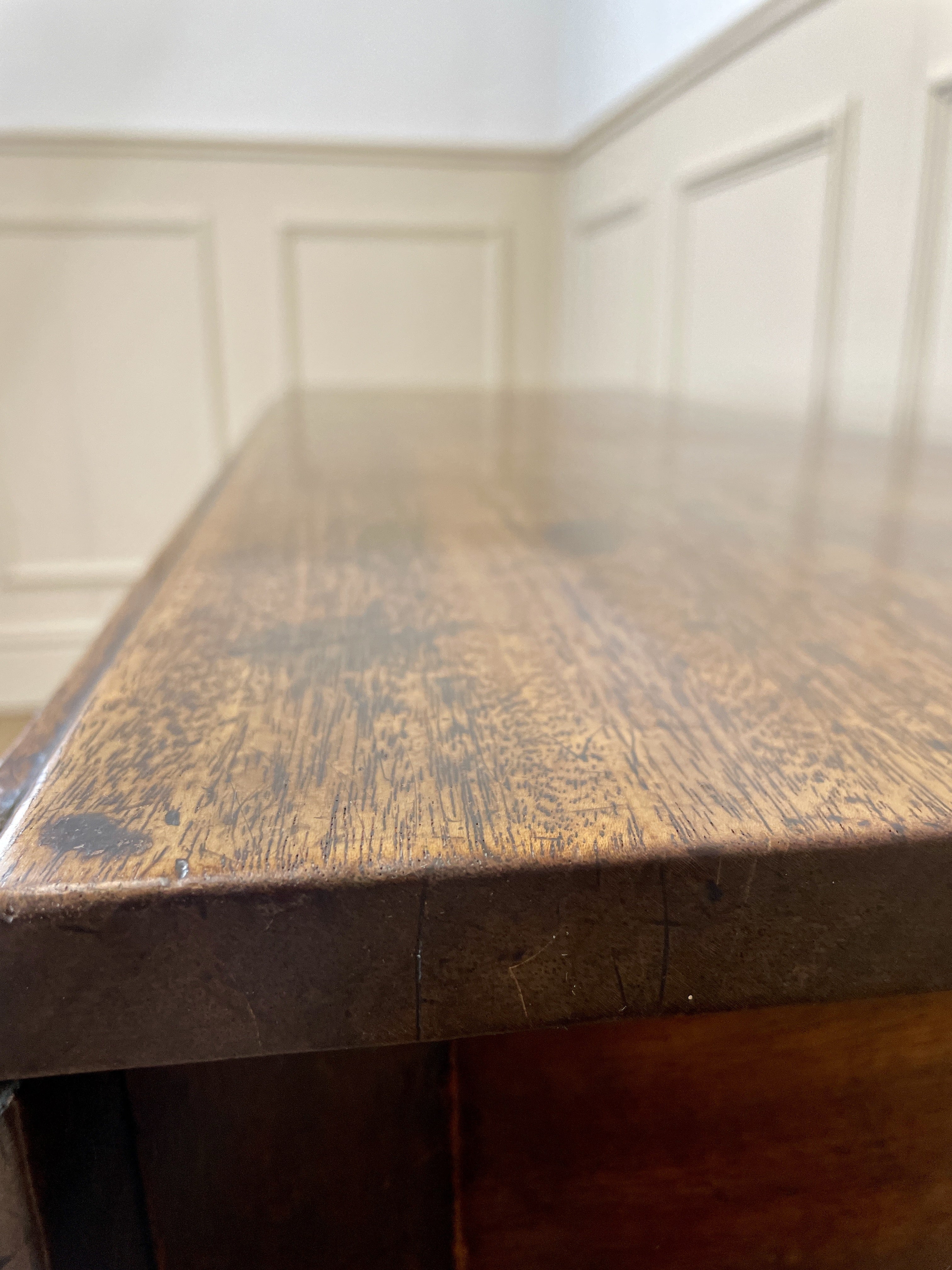 Antique Georgian Mahogany Square Kitchen Table with drop leaves, tapered legs, and rich mahogany finish, ideal for small cottage or farmhouse interiors.
