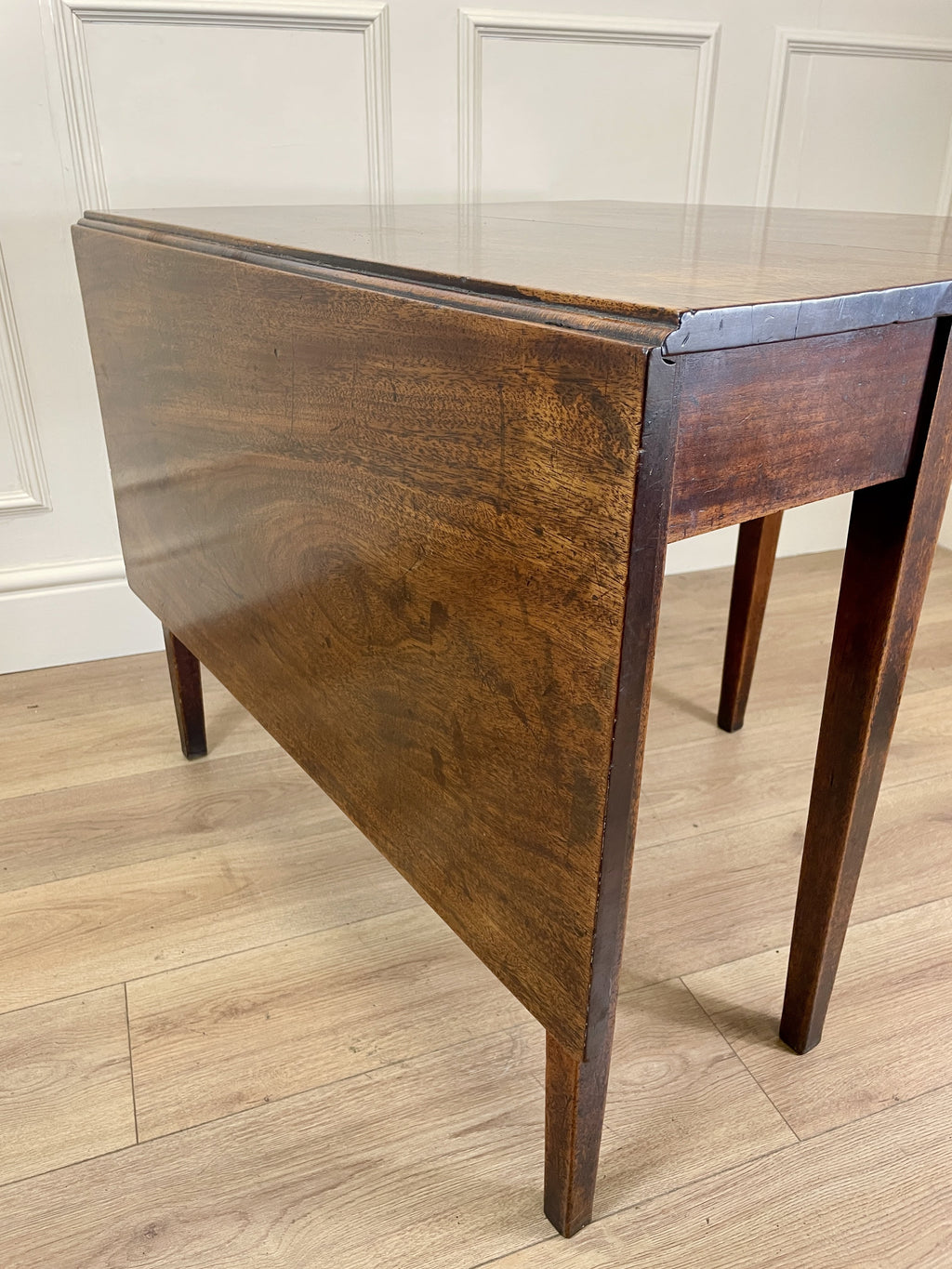 Antique Georgian Mahogany Square Kitchen Table with drop leaves, tapered legs, and rich mahogany finish, ideal for small cottage or farmhouse interiors.