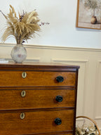 Wooden dresser with decorative items including a vase with pampas grass and a framed picture on the wall.