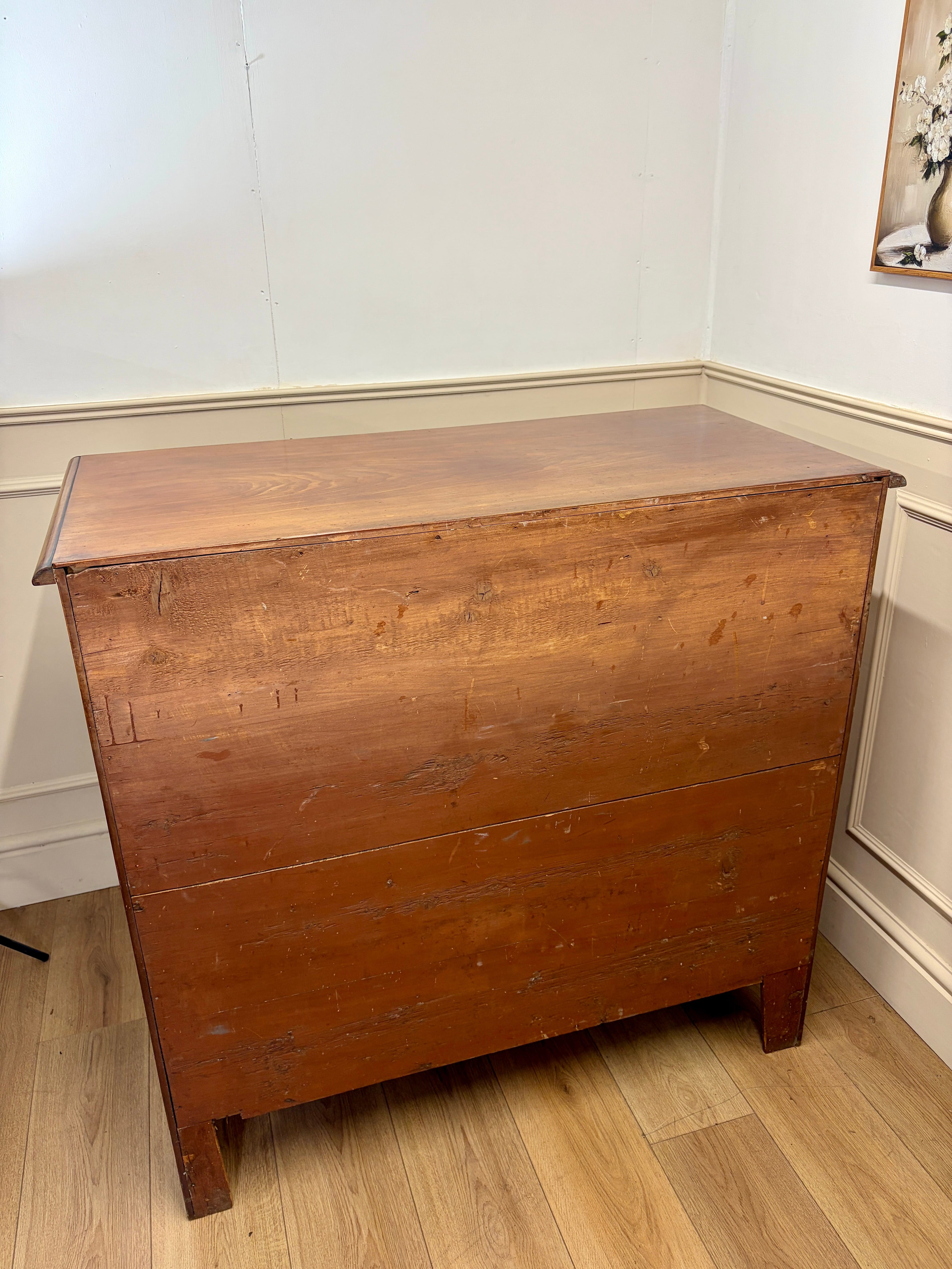Wooden chest on a wooden floor with a white wall background