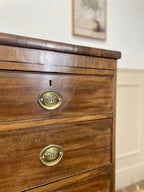 Angled view showing antique mahogany chest of drawers for bedroom with graduated drawers and Prince of Wales brasses