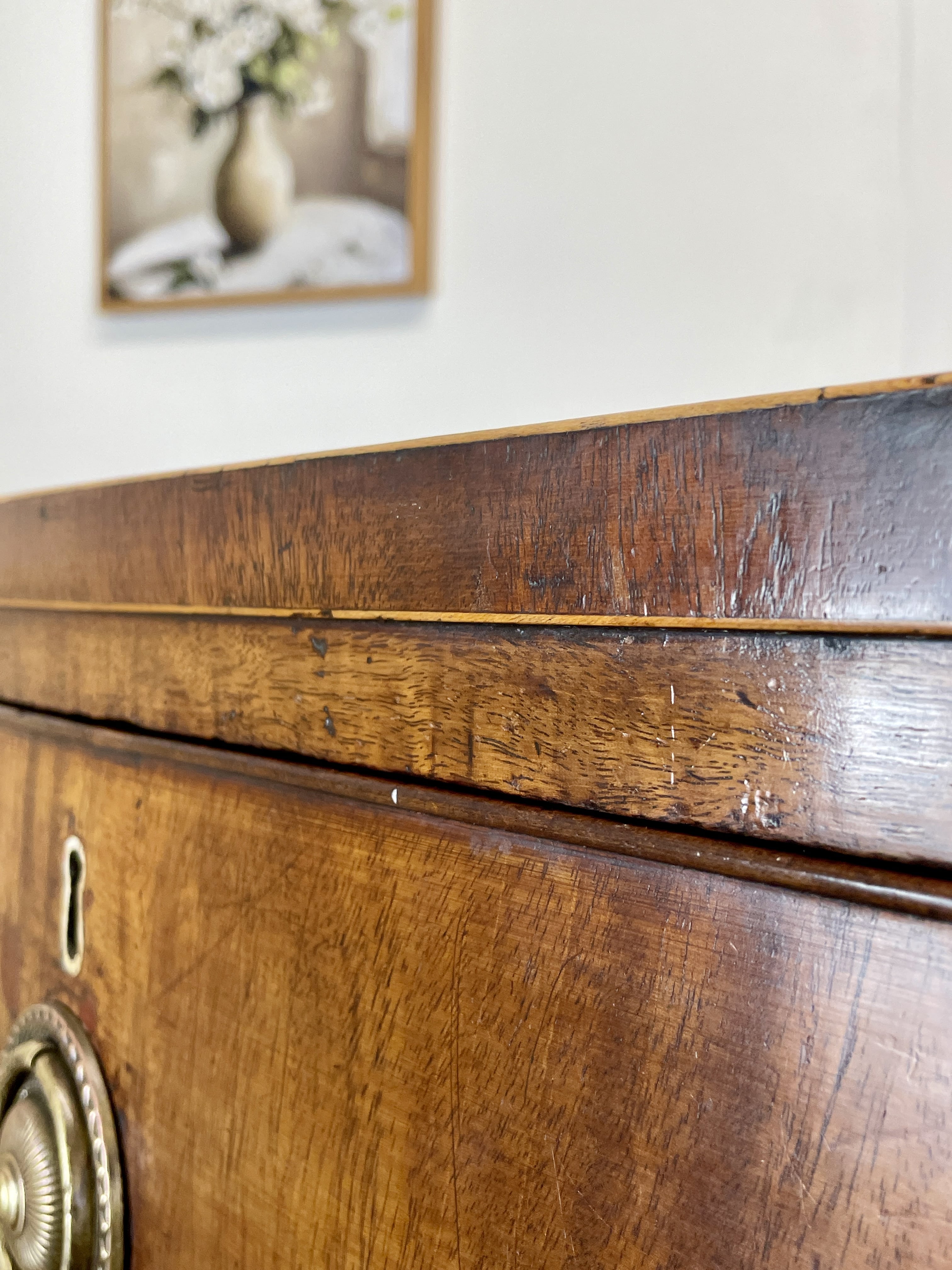 ntique Regency mahogany bowfront chest of drawers with two short over three long drawers, ideal chest of drawers for bedroom in a cottage interior.