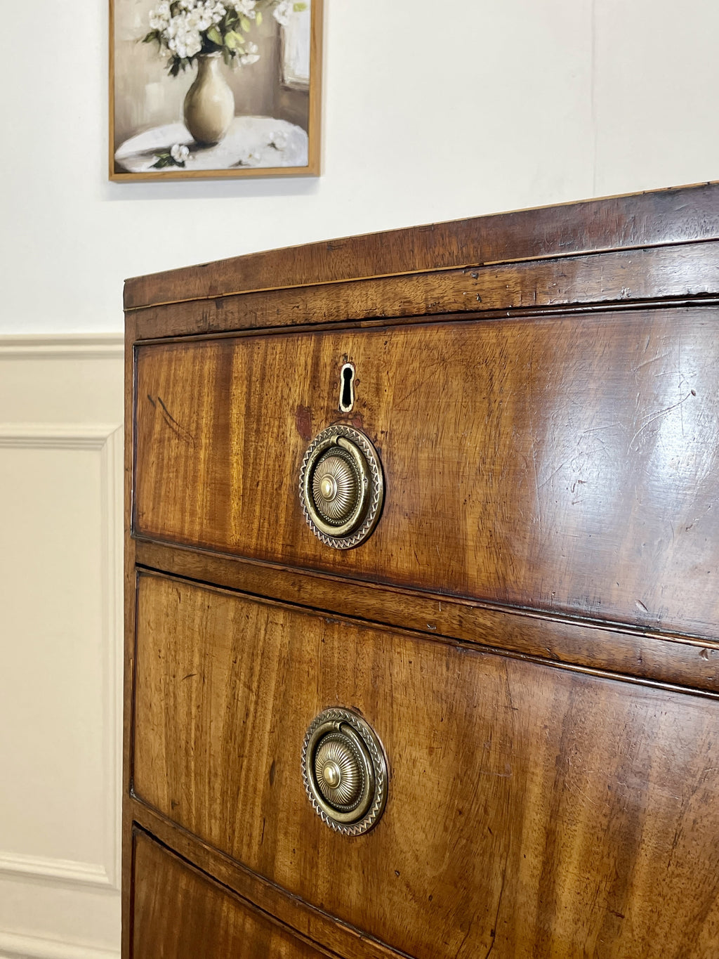 ntique Regency mahogany bowfront chest of drawers with two short over three long drawers, ideal chest of drawers for bedroom in a cottage interior.