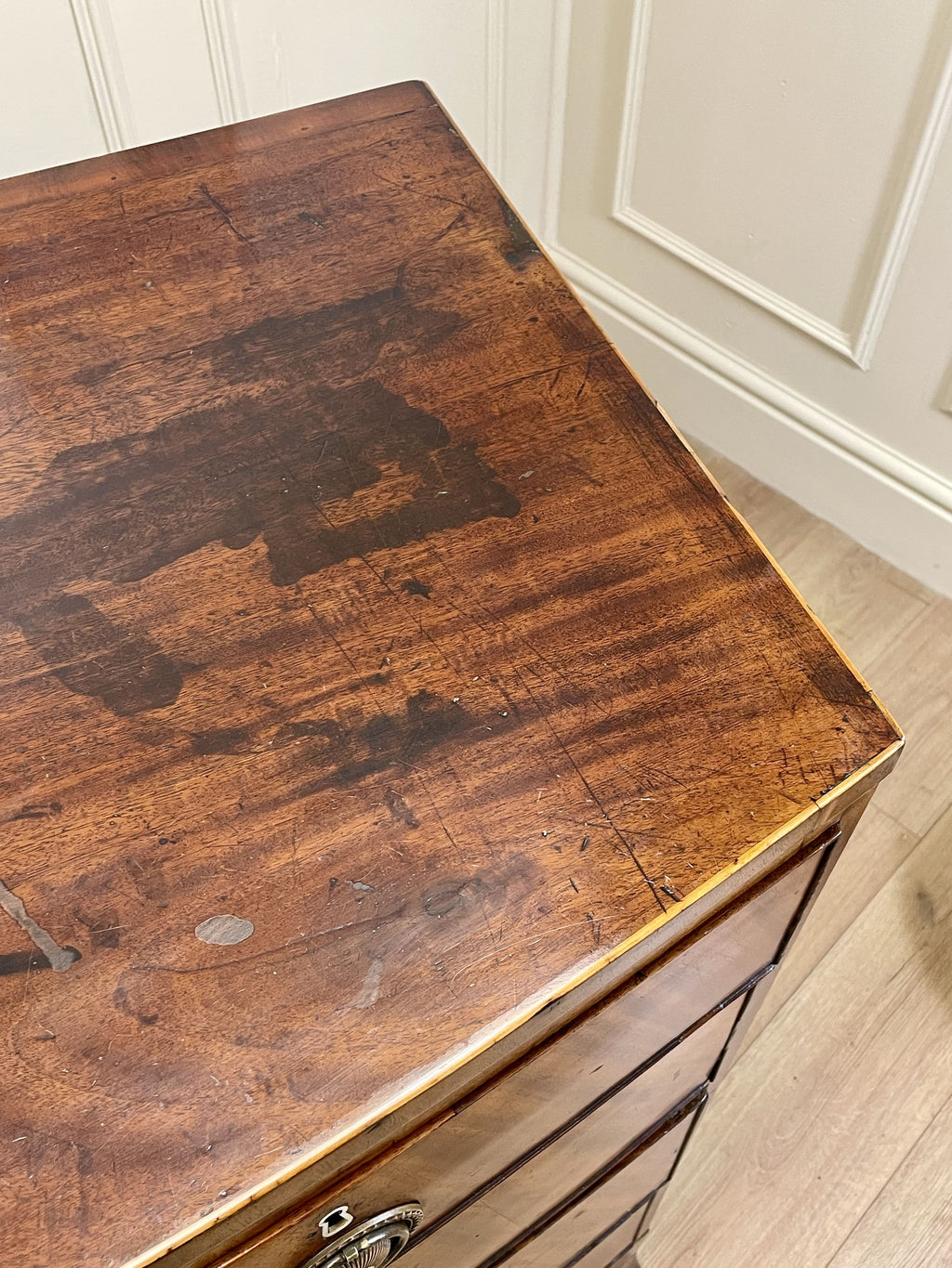 ntique Regency mahogany bowfront chest of drawers with two short over three long drawers, ideal chest of drawers for bedroom in a cottage interior.