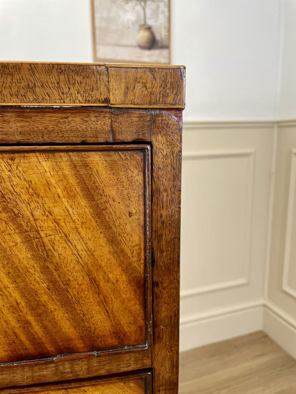 ntique Regency mahogany bowfront chest of drawers with two short over three long drawers, ideal chest of drawers for bedroom in a cottage interior.