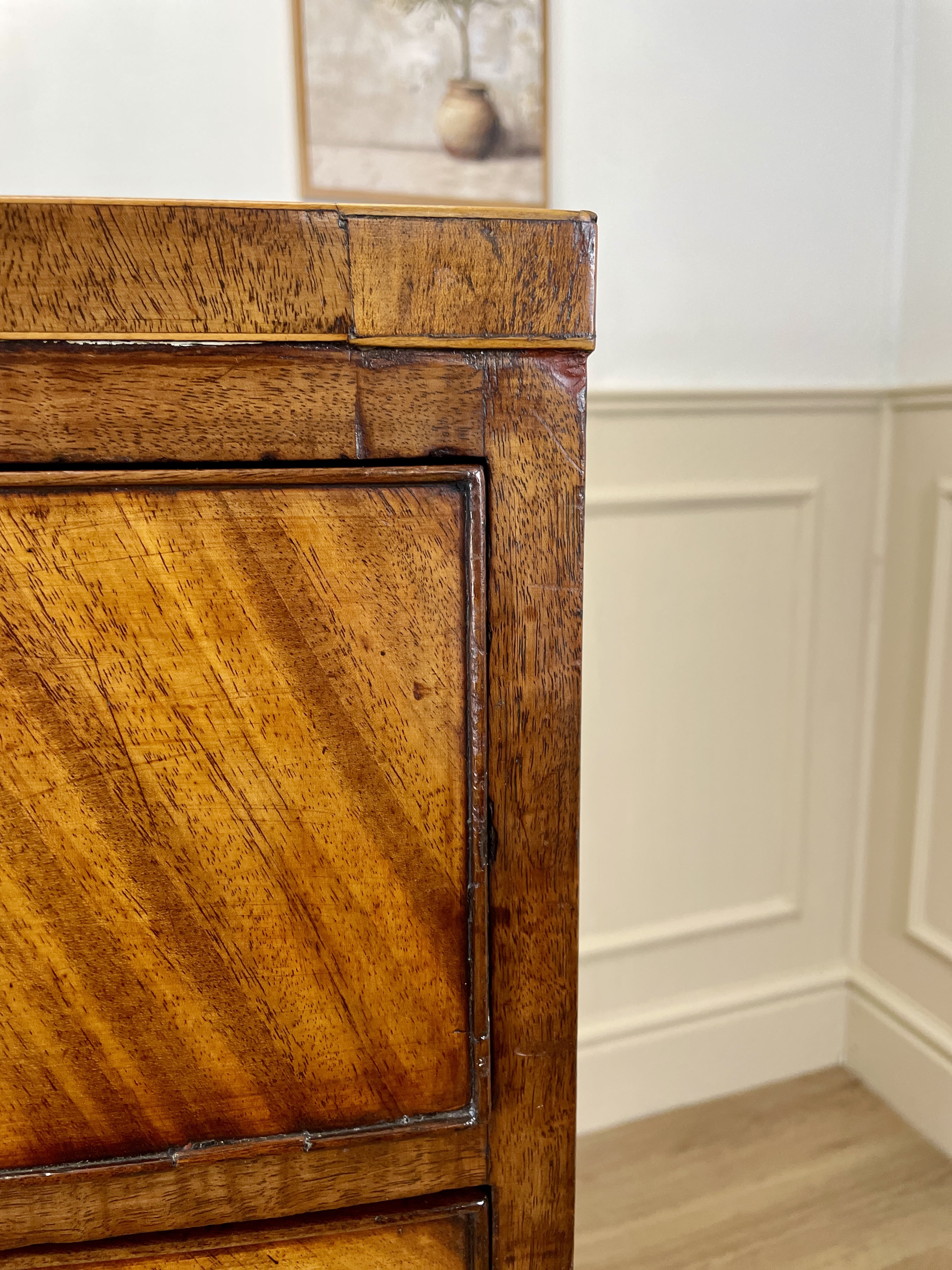 ntique Regency mahogany bowfront chest of drawers with two short over three long drawers, ideal chest of drawers for bedroom in a cottage interior.
