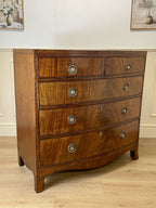 ntique Regency mahogany bowfront chest of drawers with two short over three long drawers, ideal chest of drawers for bedroom in a cottage interior.