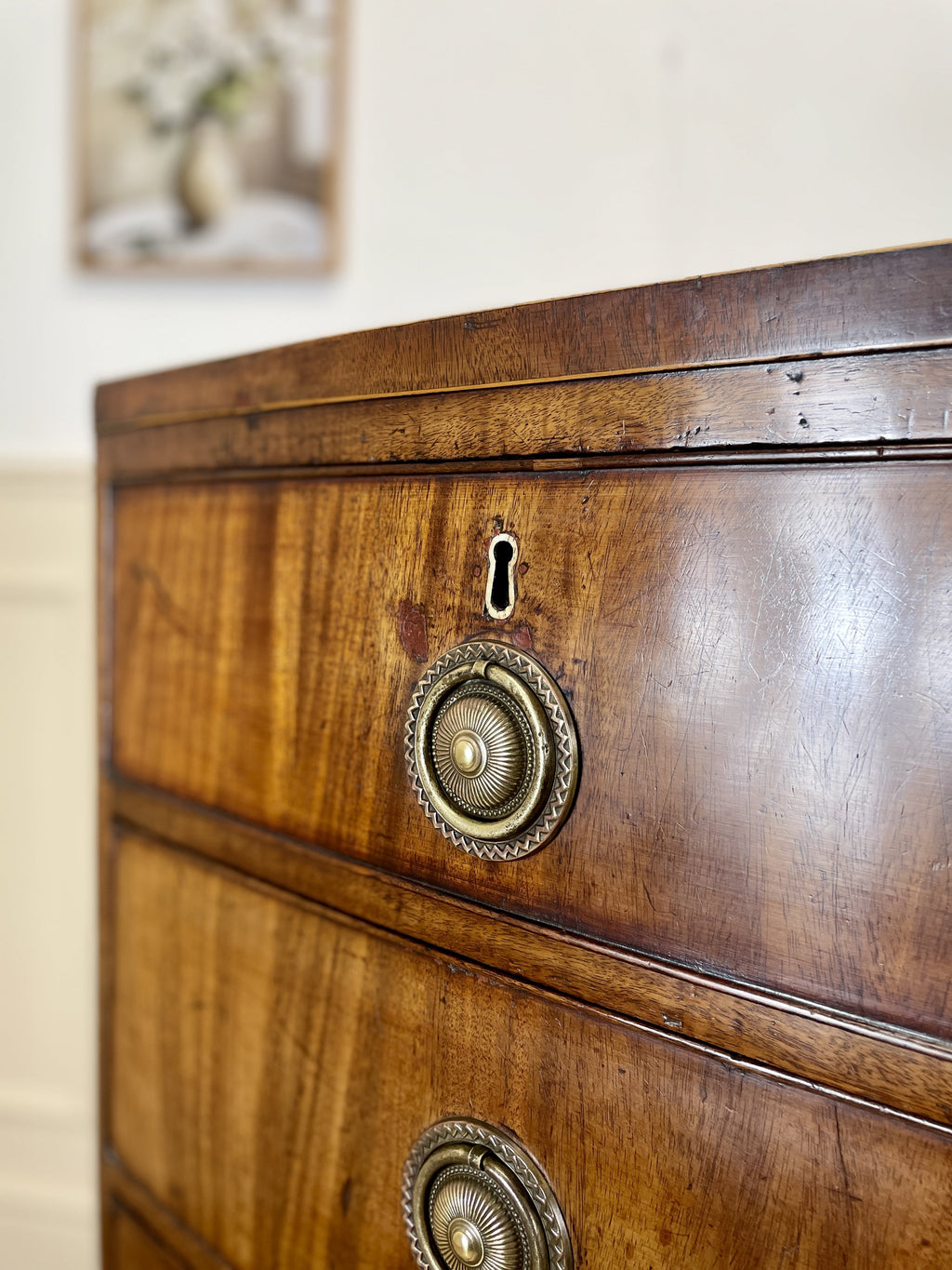 ntique Regency mahogany bowfront chest of drawers with two short over three long drawers, ideal chest of drawers for bedroom in a cottage interior.