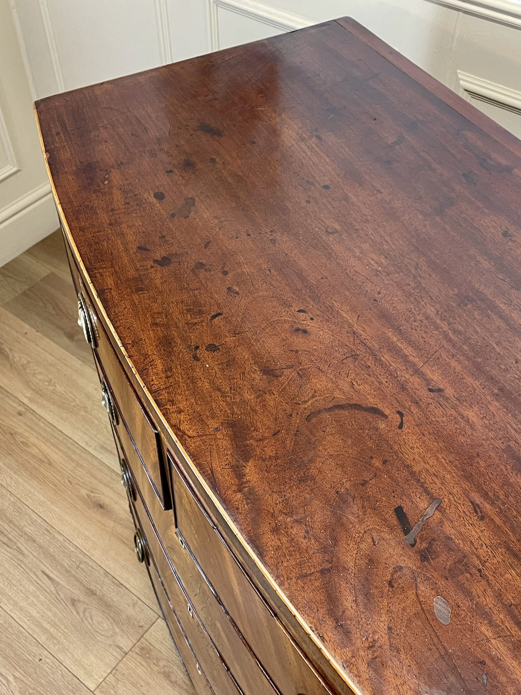 ntique Regency mahogany bowfront chest of drawers with two short over three long drawers, ideal chest of drawers for bedroom in a cottage interior.