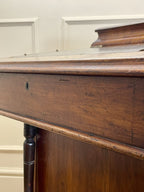 Antique Victorian Burr Walnut Davenport Writing Desk with original dark green leather top, boxwood stringing, side drawers, and turned columns on castors.