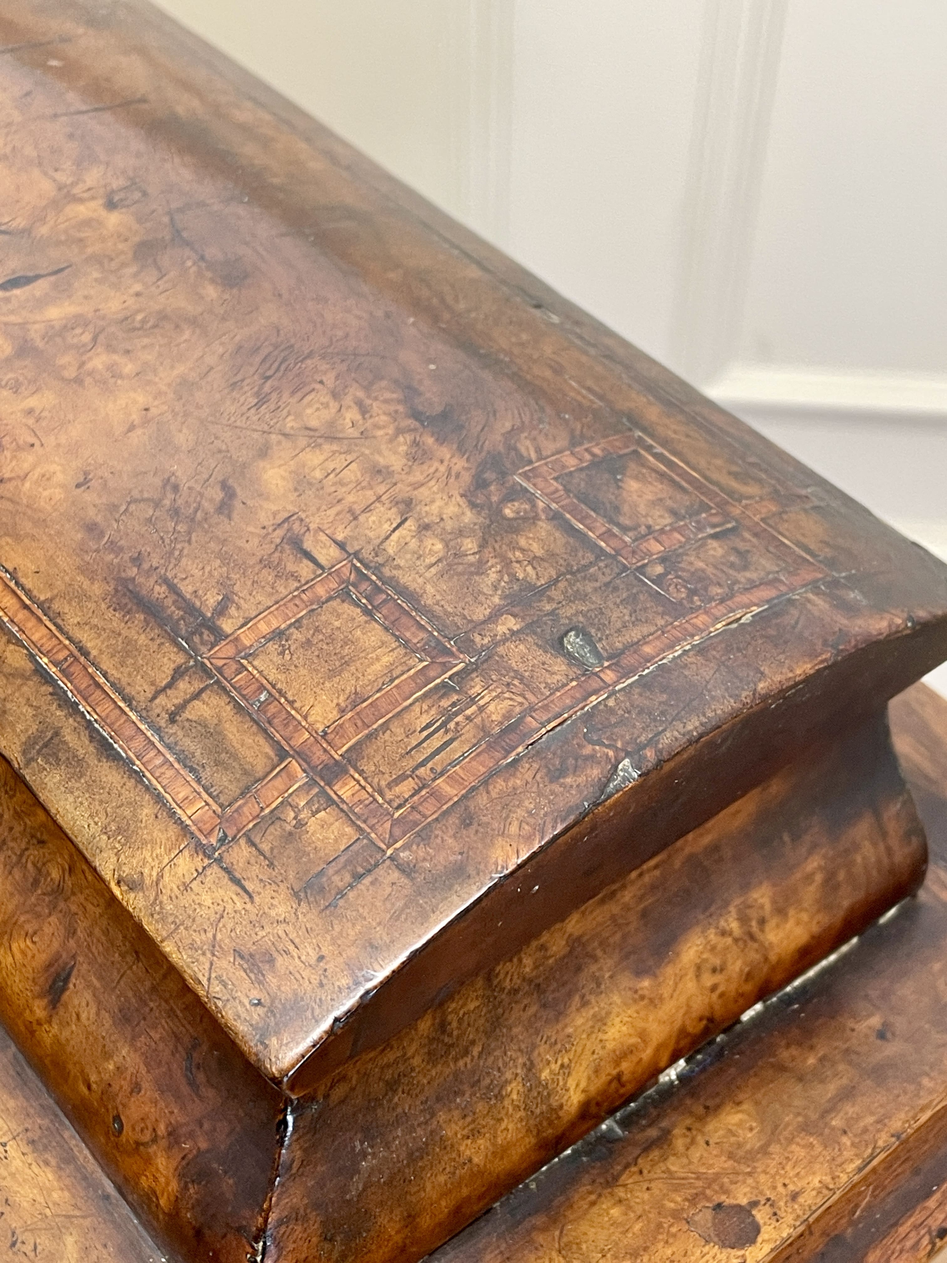 Antique Victorian Burr Walnut Davenport Writing Desk with original dark green leather top, boxwood stringing, side drawers, and turned columns on castors.