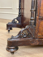 Antique Victorian Burr Walnut Davenport Writing Desk with original dark green leather top, boxwood stringing, side drawers, and turned columns on castors.