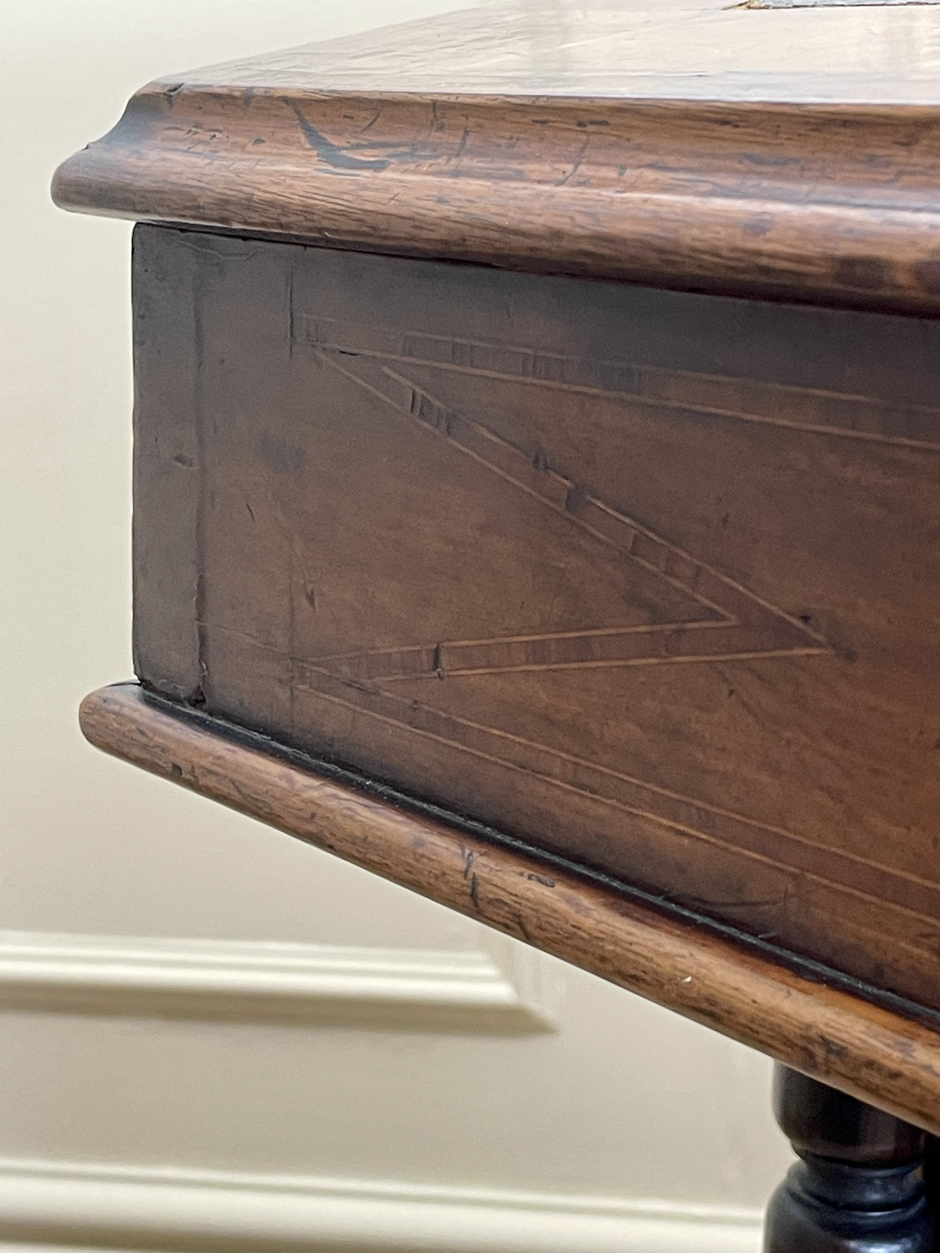 Antique Victorian Burr Walnut Davenport Writing Desk with original dark green leather top, boxwood stringing, side drawers, and turned columns on castors.